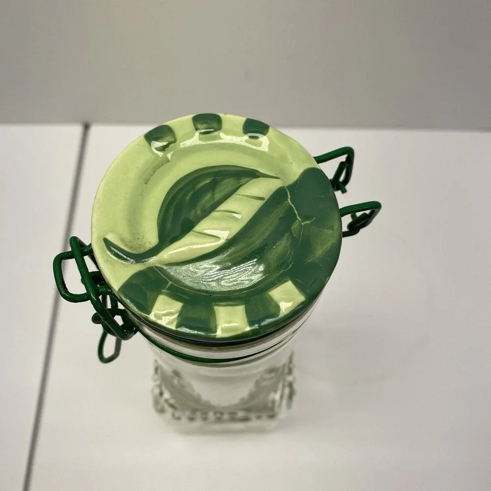 Vintage Glass Square & Round With Wire Bail @Clamp Bottle w/ Green‎ Leaf Cap